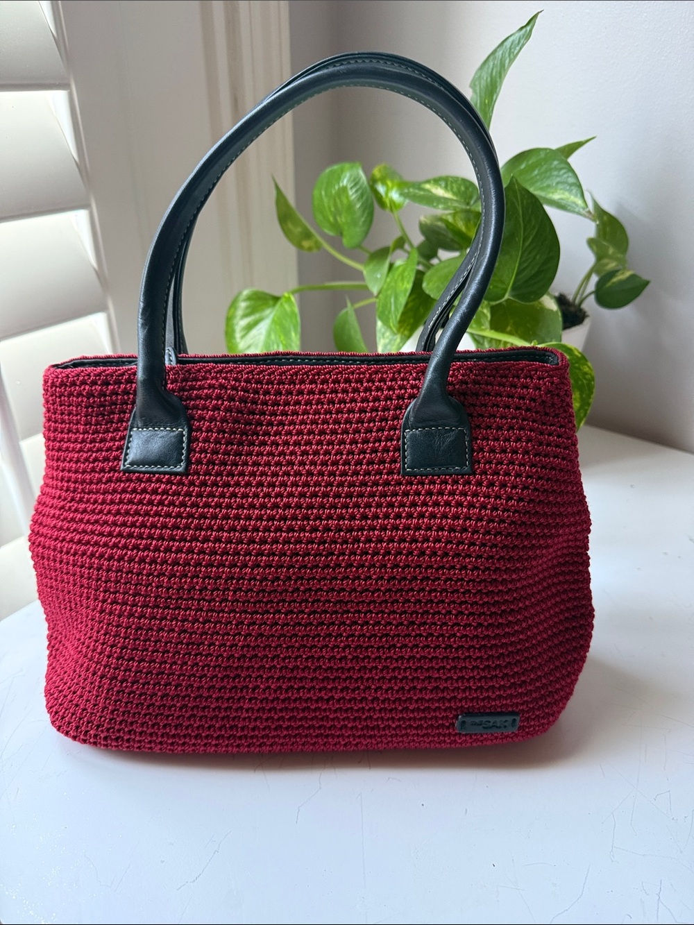 Vintage The SAK Red Crochet Tote Bag with Black Leather Handles